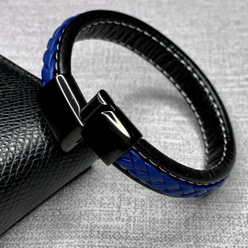 Bracelet tressé en cuir noir et bleu pour hommes, boucle magnétique en acier inoxydable, à la mode, Bracelets porte-bonheur, cadeaux