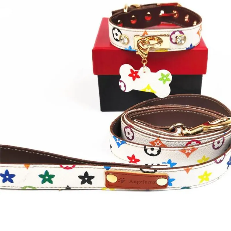 Summer Latest Pets Collar Leashes INS Style Printed Pet Leather Collars Sets Outdoor Durable Chai Keji Dog Leashes