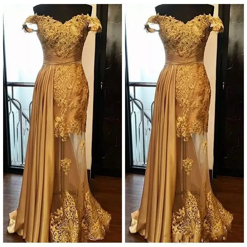 2020 Bliski Wschód Linia Gold Prom Dresses Off Ramię Koronki Aplikacje Koraliki Peplum Dubai Backless Plus Size Dress Nosić Suknie Party