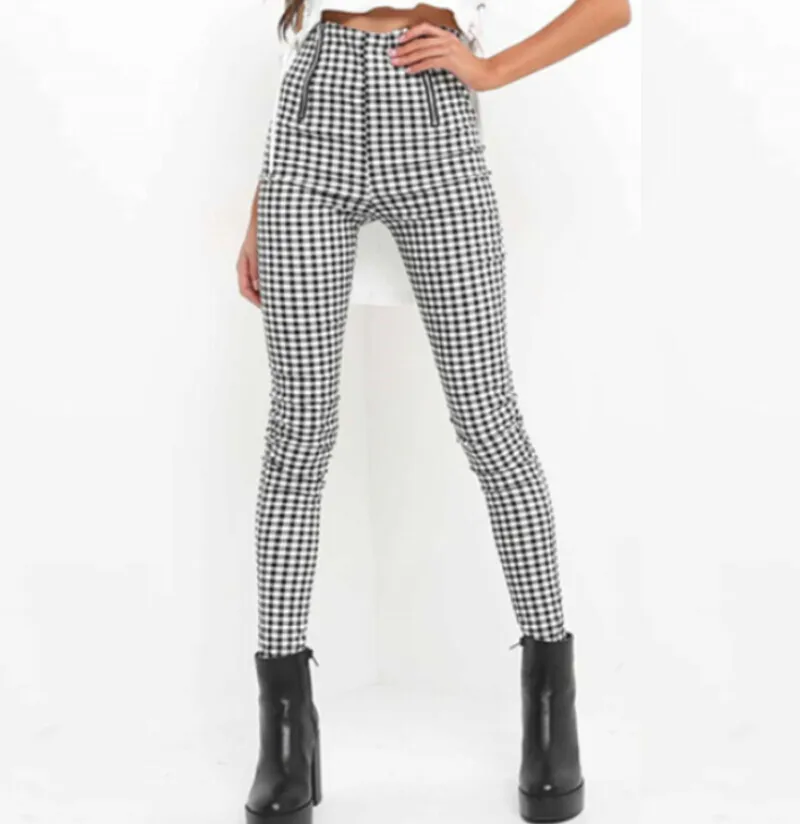 Womens High midja byxor 2018 Spring Autumn Elegant Ladie Trousers for Women Grey Plaid Stretchy Pencil Pants