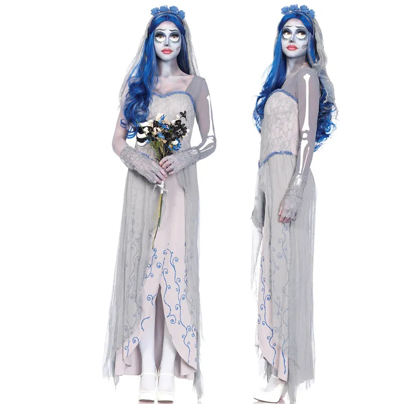 ひどいゴースト花嫁のドレス女性ハロウィーンカーニバル吸血鬼コスプレコスチュームゾンビスケルトン印刷レースグレーロングファンシードレス