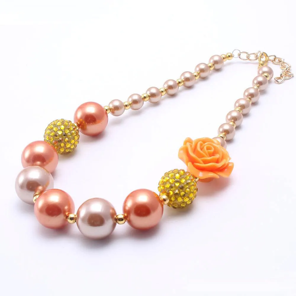 Orange färg blomma barn chunky halsband nyast design mode bubbleGume pärla chunky halsband smycken för baby barn flicka