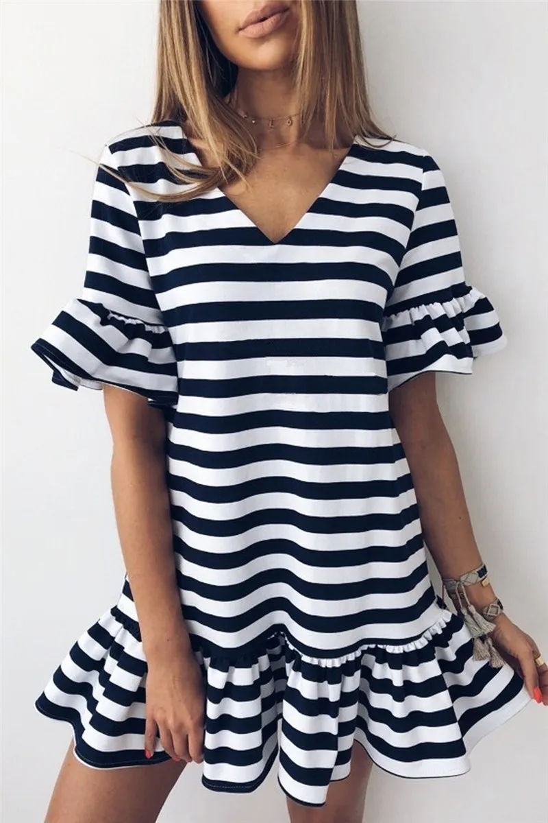 Hot Summer Women Sexy Cuello En V Manga Larga Rayas Mini Vestidos