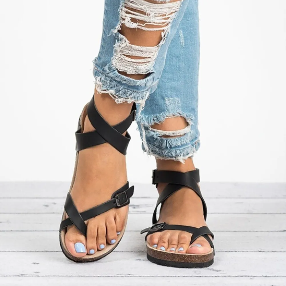 Hot Sale-Women's Sandals Skor 2019 Sommar Toe Tjock Flat Solid PU Casual Girl Beach Kvinna Flops Ladwear Kvinnor Svart Brun 35-43