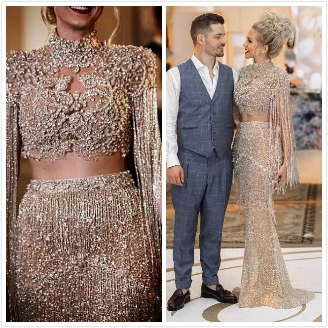 2019 Aso Ebi arabski złoty luksusowe seksowne suknie wieczorowe zroszony kryształy syrenka suknie balowe cekinami formalne przyjęcie drugie suknie