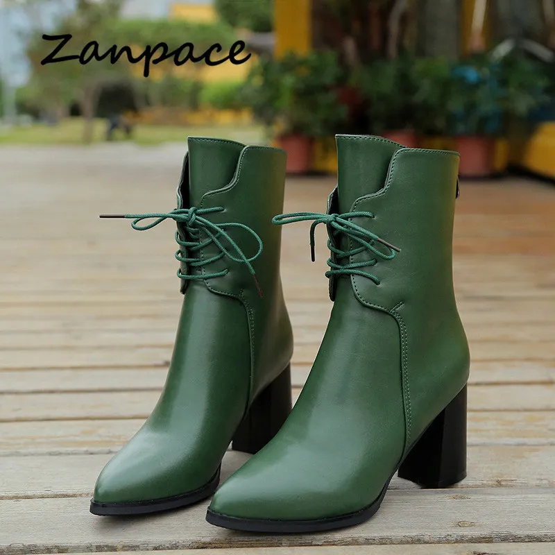 Sivri Burun Kadın Boots Yeşil Peluş Bilek Sıcak Kış Boots For Women Sonbahar Yüksek topuk Metal Fermuar Deri Çizme Kadınlar V191217 tutun