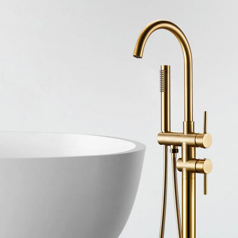 Matt Gold Burgerbath Badkamer Tub Sink Faucet Vloermount Badkuip Mixer Tap Massief Messing Set Gratis staande hete en koude badkamer