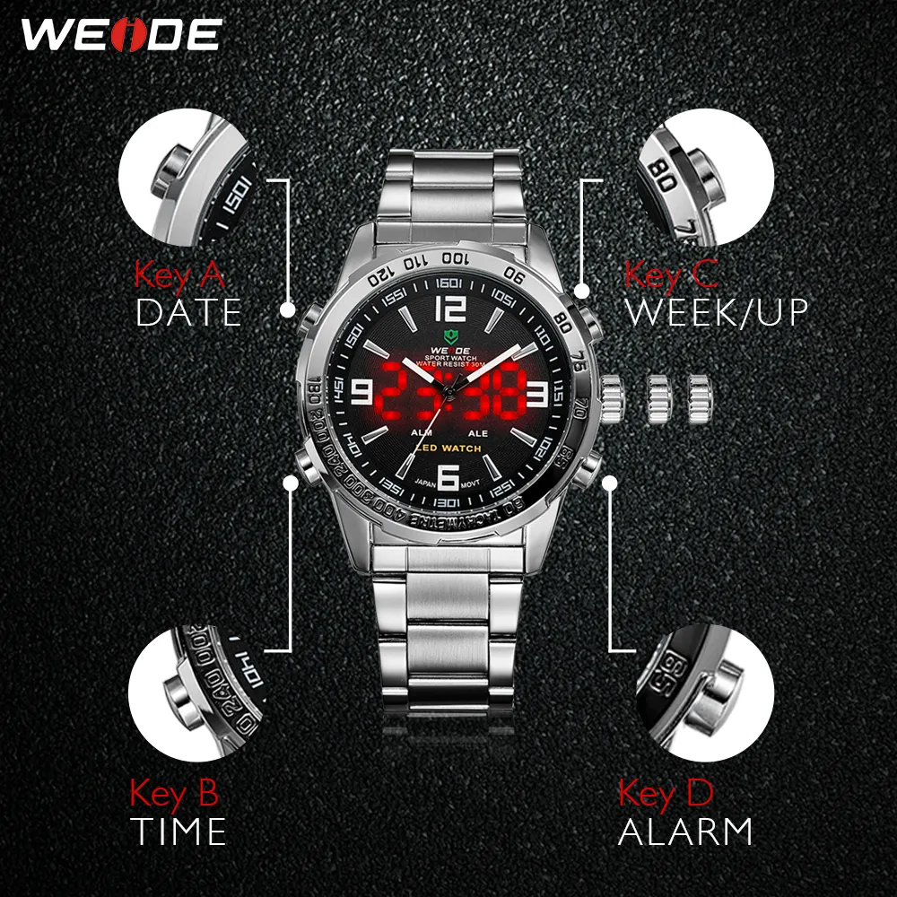 Weide Men's Digital Display Quartz Movement Auto Date Business Black Dial Wlistwatch Waterproof Clock MilitaryLeLogioMascul274Q