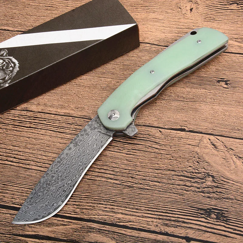 Coltello pieghevole Damasco Flipper a 3 colori VG10-Lama in acciaio Damasco Maniglia G10 Coltelli da salvataggio per sopravvivenza all'aperto