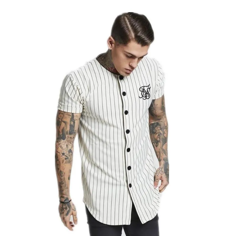 Hommes été à manches courtes chemise de baseball Sik soie brodée haute qualité coton T-shirt mode rayé hommes à manches courtes hauts M-2XL