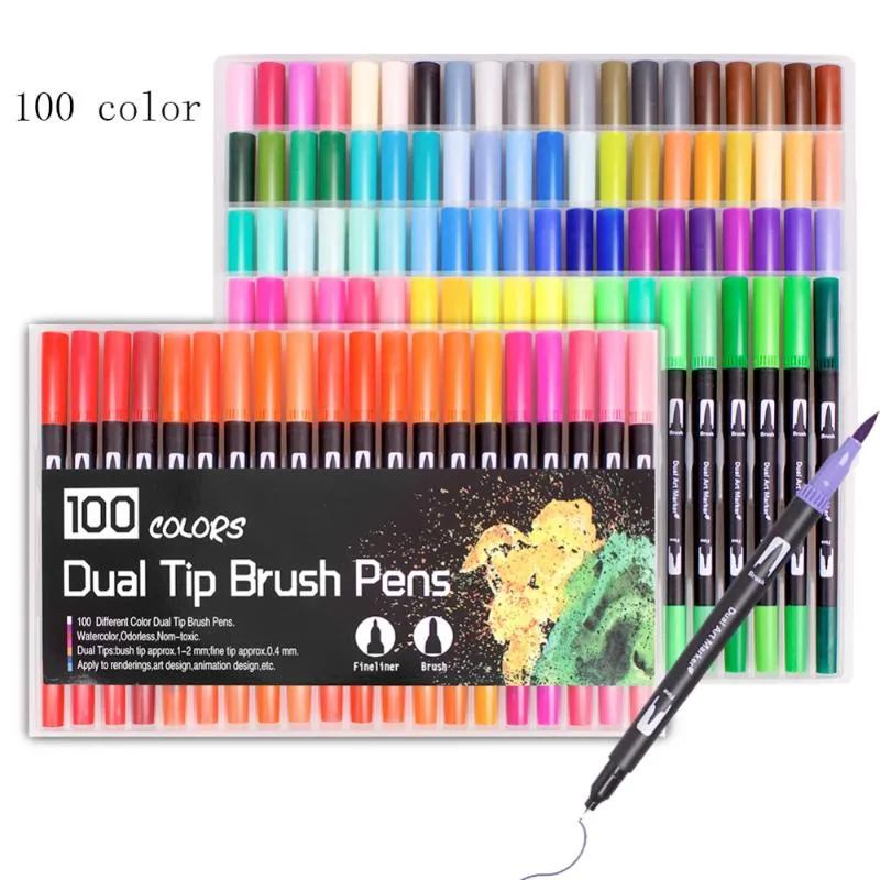 100 Colors Dual Tip Brush Pens Non-Toxic Odorless Markers Set