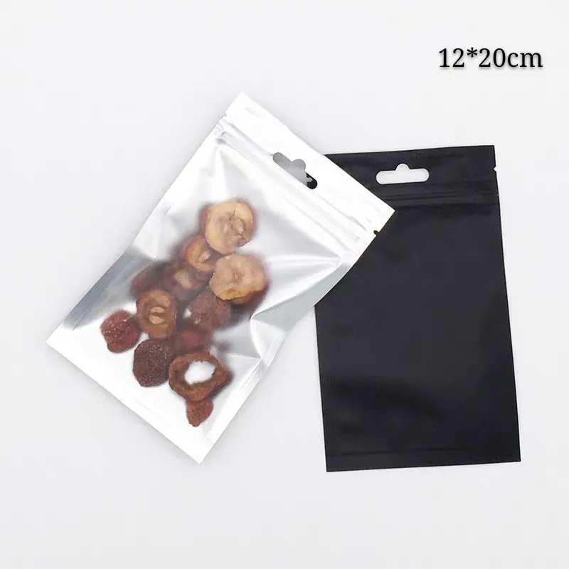 100PCs Svart Geocery Förpackningspåsar 12 * 20cm Reclosed Food Storage Pouch Present Mylar Folie Hantverk och gåvor Prover Väska med klart fönster på framsidan