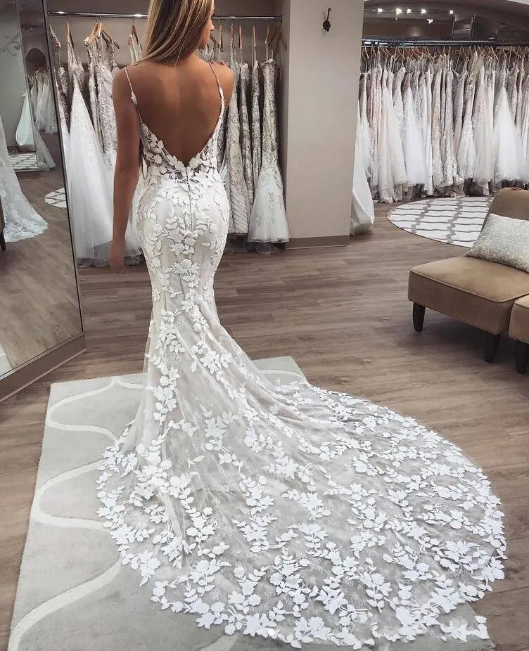 Mermaid lace wedding dress with spaghetti straps hotsell