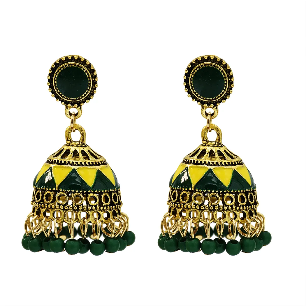 Pendientes indios tradicionales estilo Bollywood Retro, joyería con cuentas pequeñas, pendientes Jhumki Jhumka para mujer, regalo de fiesta