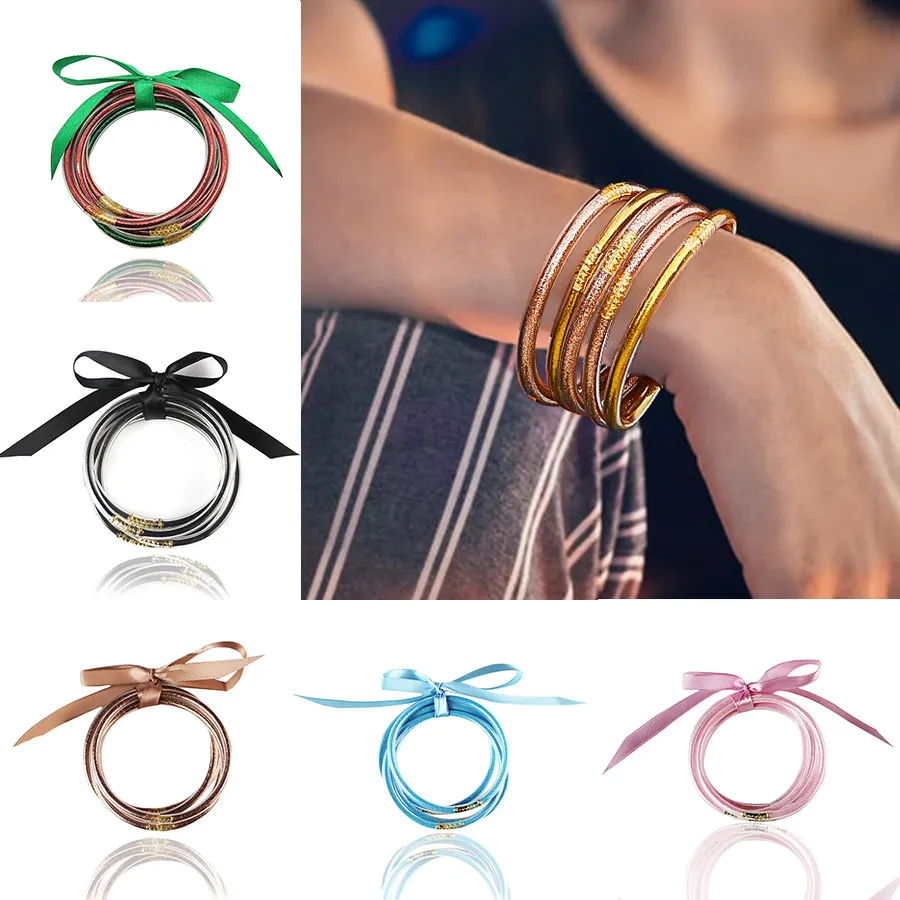 Glitter enchido Jóias Bangle Stardust Silicone Circle Mulheres Bowknot Geléia Bangles Pulseira Meninas 2021 Presente 5 Pcs / Set