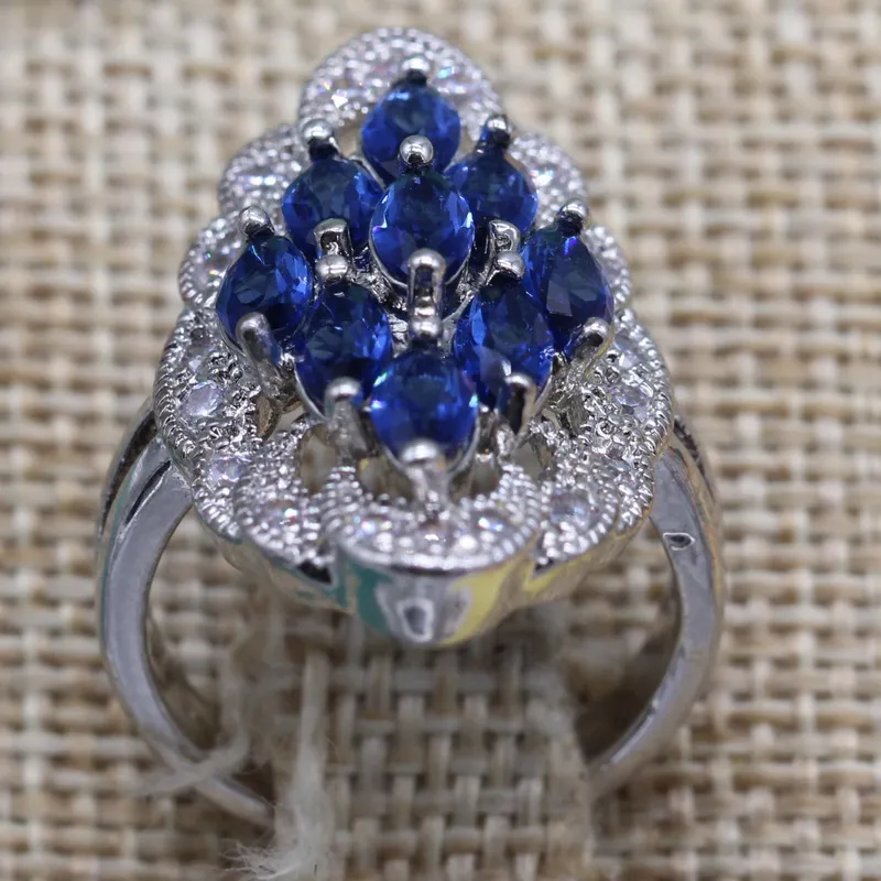 Sterling Silver Geometric Ring With Blue Semi precious Stone Cocktail Ring For Women
