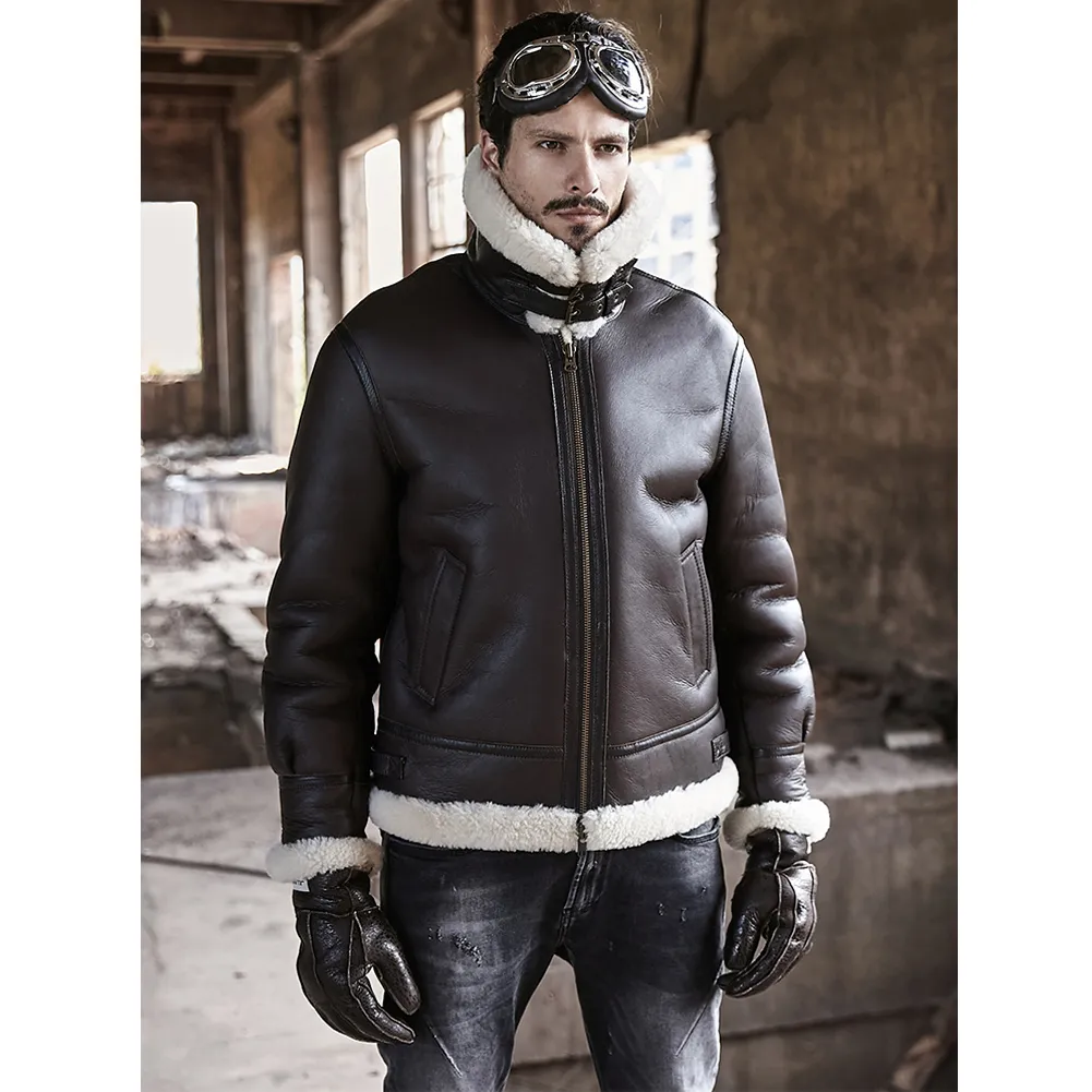 2024 Men Sheepskin Bomber Shearling Jacket Genuine Leather Jacket Men Motorcycle Jackets Air Flight Coat Double Side Wear