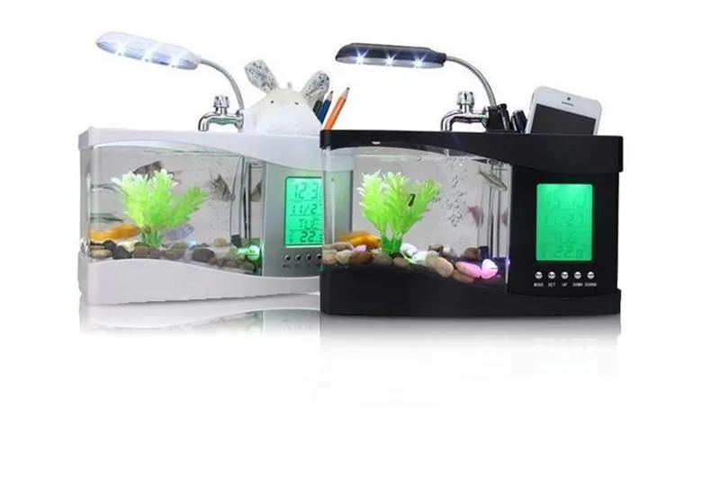 Newest Mini USB LCD Desktop Lamp Light Fish Tank Multi-fonction Aquarium Light LED Clock White/Black Valentine Christmas days gift