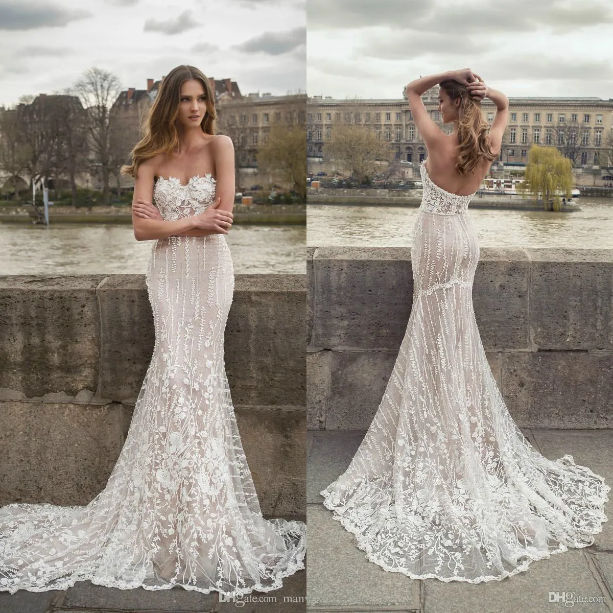 Mermaid Backless Berta Dresses with Detachable Train Beaded Sash Sweetheart Lace Appliqued Bridal Dress Wedding Gowns