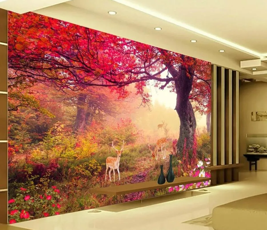 beaux paysages papier peint mur de fond TV rouge automne fleur de prunier 3D TV