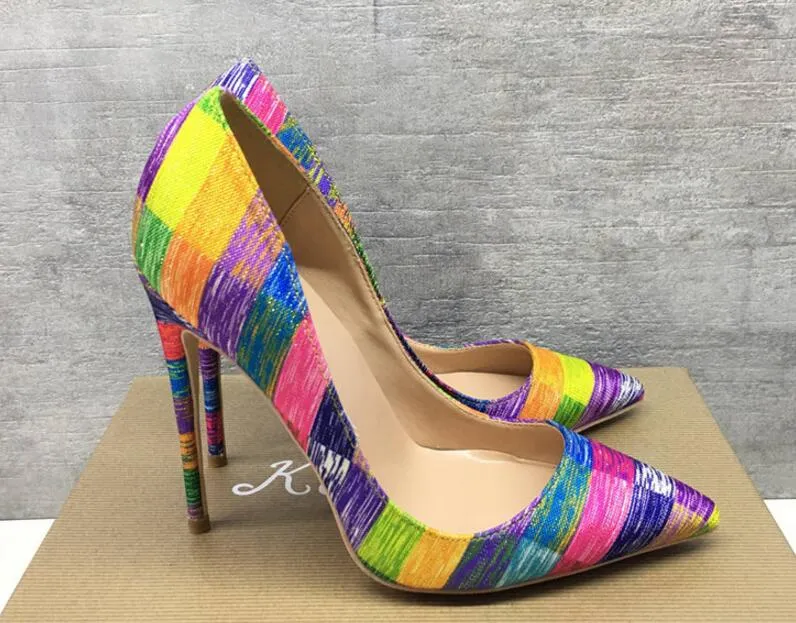 Rainbow Printed Pointed Toe Stiletto High Heels Women Pumps 2024 Sheepskin Upper Rubber Sole Stiletto Heels for Wedding Party Office