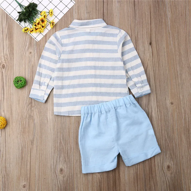 thumbnail image 2 of Xudanell Toddler Boys 2pcs Outfits Set Short Sleeve Striped Print T Shirts Tops Shorts Summer Set For 1T 2T 3T 4T 5T 6T Pajamas & Dailywear 2pcs Set 2 of 12