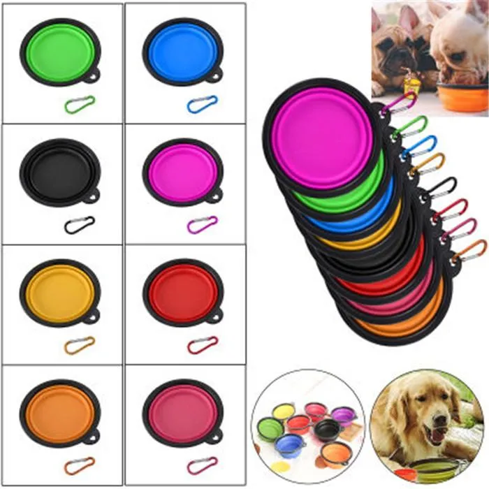 حيوانات سيليكون قابلة للطي قابلة للطي السيليكون وعاء الطعام تغذيتها BPA طبق كوب مجاني قابلة للطي للكلاب CAT Free Carabiner Gift 9 Colorszz