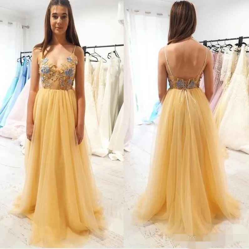 Altın Prom Seksi Elbiseler Spagetti Kayışları Nakış Dantel Aplike Tül Zemin Uzunluğu Korse Artı Boyutu Akşam Partisi Resmi Gowns