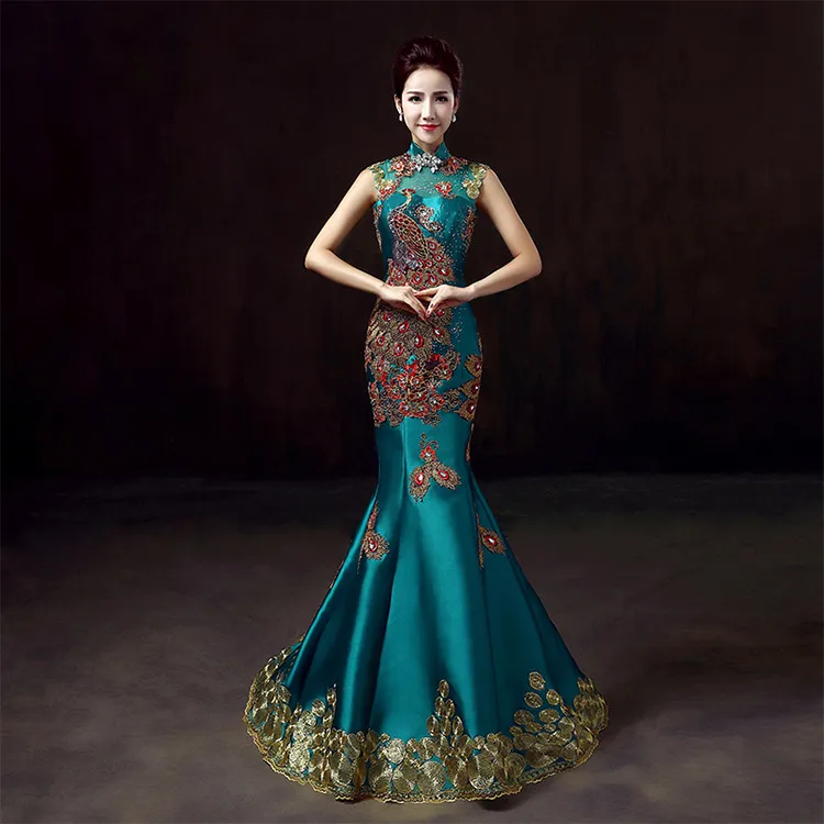 Green Luxury Embroidery Oriental Style party Dress Chinese Bride Vintage Traditional Wedding Cheongsam Dresses Long Qipao gown