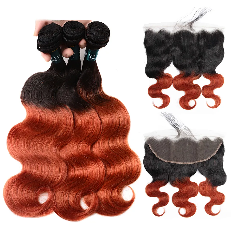 Brasilianska ombre 1B/350 Body Wave Human Remy Hair Weaves 3 Bunds med stängning Frontals Dubbel Wefts Hårförlängningar