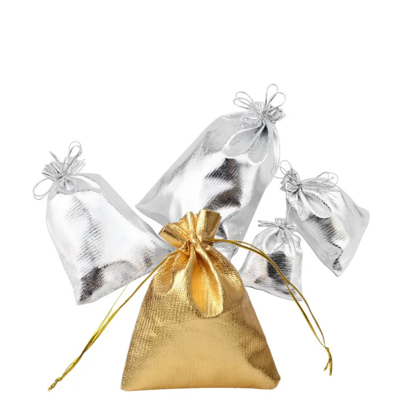 50 unids / lote Silver Gold Foil Cloth Drawstring Bags Pequeñas bolsas de joyería Organizador Satén Regalo de bodas de Navidad Joyería Bolsa de la bolsa