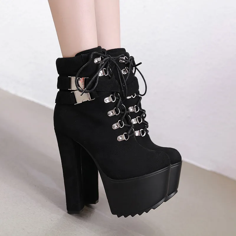 16cm Ultra high heels casual style lace up platform knight shoes buckle motocycle bootie come with box size 34 to 40