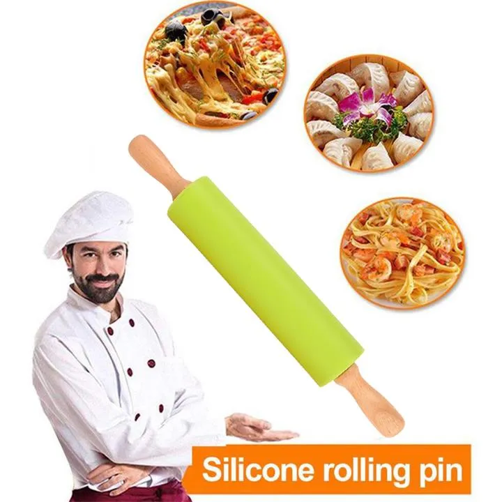 Rodillo de silicona con mango de madera antiadherente de 30CM, rodillo para masa y harina, herramienta para amasar y hornear en la cocina, envío gratis