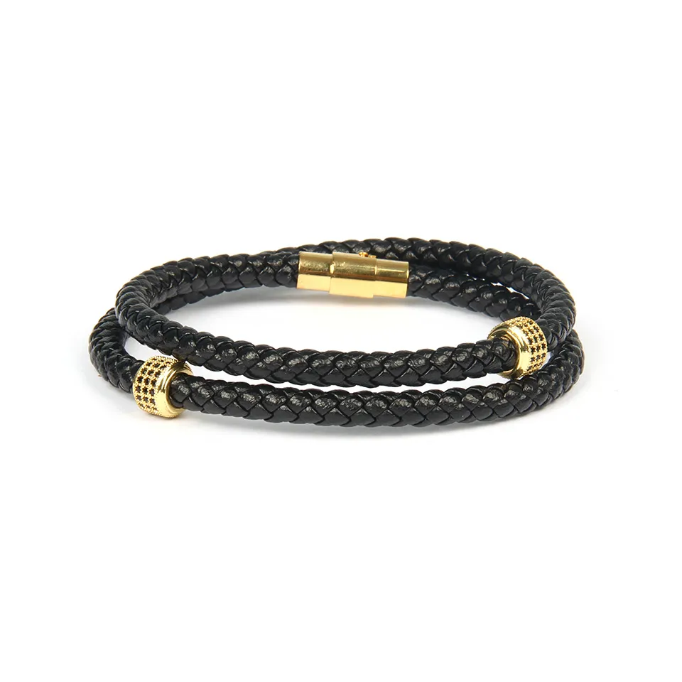 Double Layer Genuine Leather Men's Bracelet with Black Cubic Zirconia Beads and Stainless Steel Accents Double Layer Genuine Leather Men's Bracelet with Black Cubic Zirconia Beads and Stainless Steel Accents