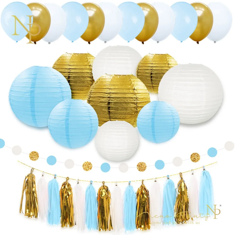 Nicro 38 pçsset ouro azul branco lanternas de papel balões folha borla guirlanda chá de bebê festa de aniversário decoração diy set768948718