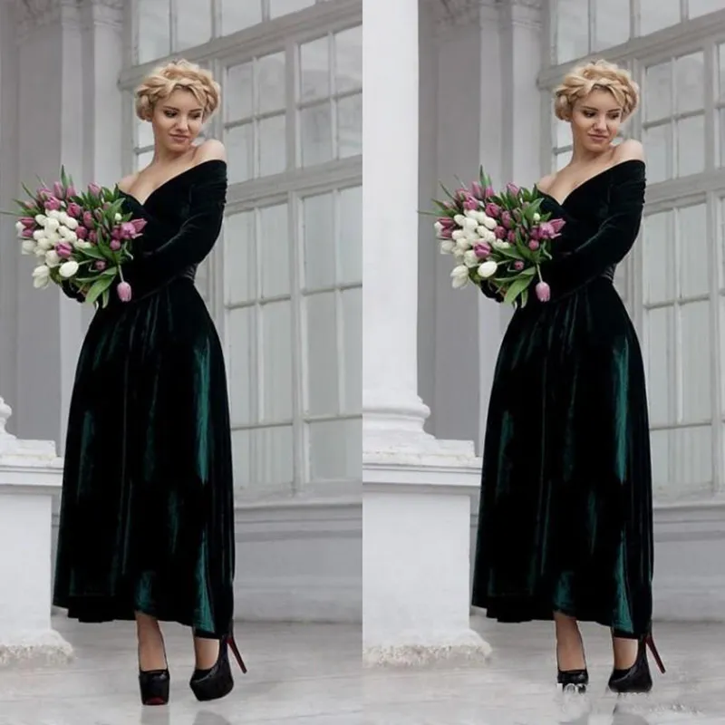 Long Sleeve Prom Gowns: Dark Green Velvet Evening Dress, Off-The-Shoulder  Formal Ankle-Length Gown with Sleeves for Parties