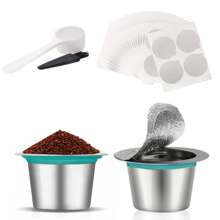 Reusable Stainless Steel Coffee Capsule Refillable Coffee Filter For Nespresso With Plastic Spoon Cleaning Brush Aluminum Foil