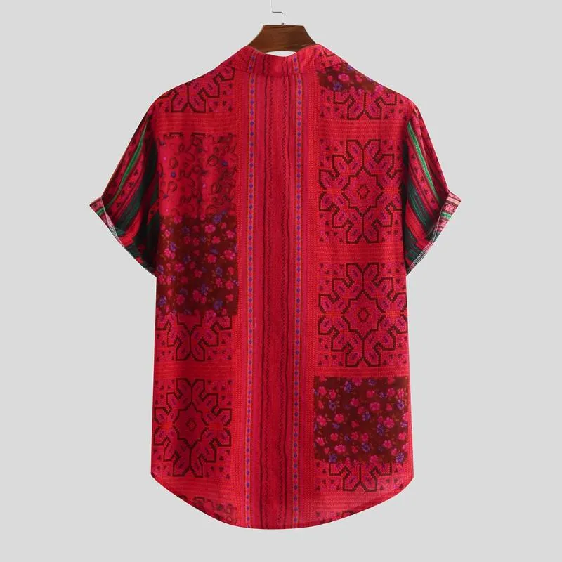 Feitong Men's Stripe Shirt Summer 2020 Buttons Down Short Sleeve Loose Hawaiian Shirt Casual Printed Red Blusas1268z