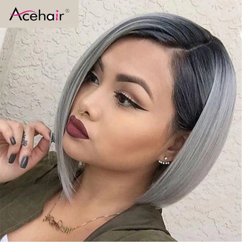 Acehair Ombre 1b gris Bob perruque 13x4 court Bob perruques brésilien droit dentelle avant perruque de cheveux humains Remy cheveux pour femme noire