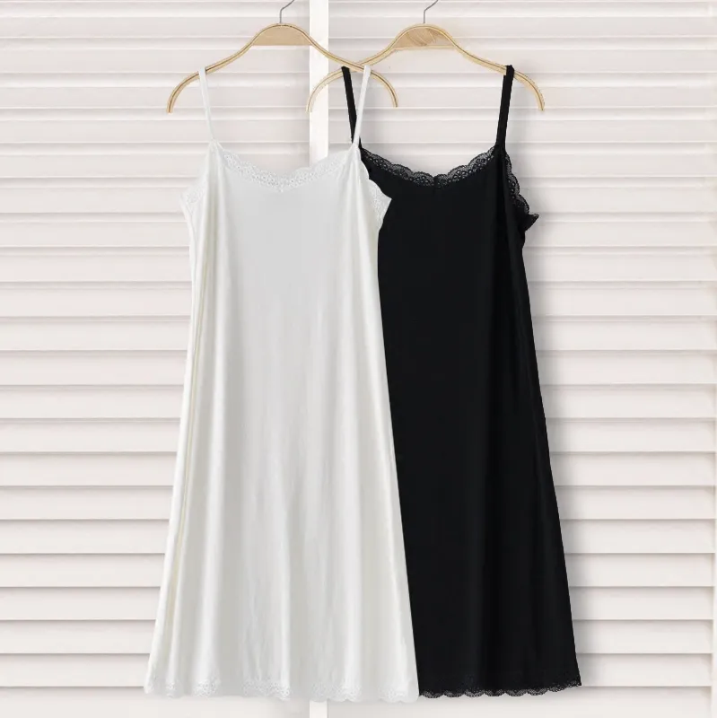 ロングフルスリップスパゲッティホワイトブラックスリップモーダルレースは女性のための純粋な色の快適な服を着飾る