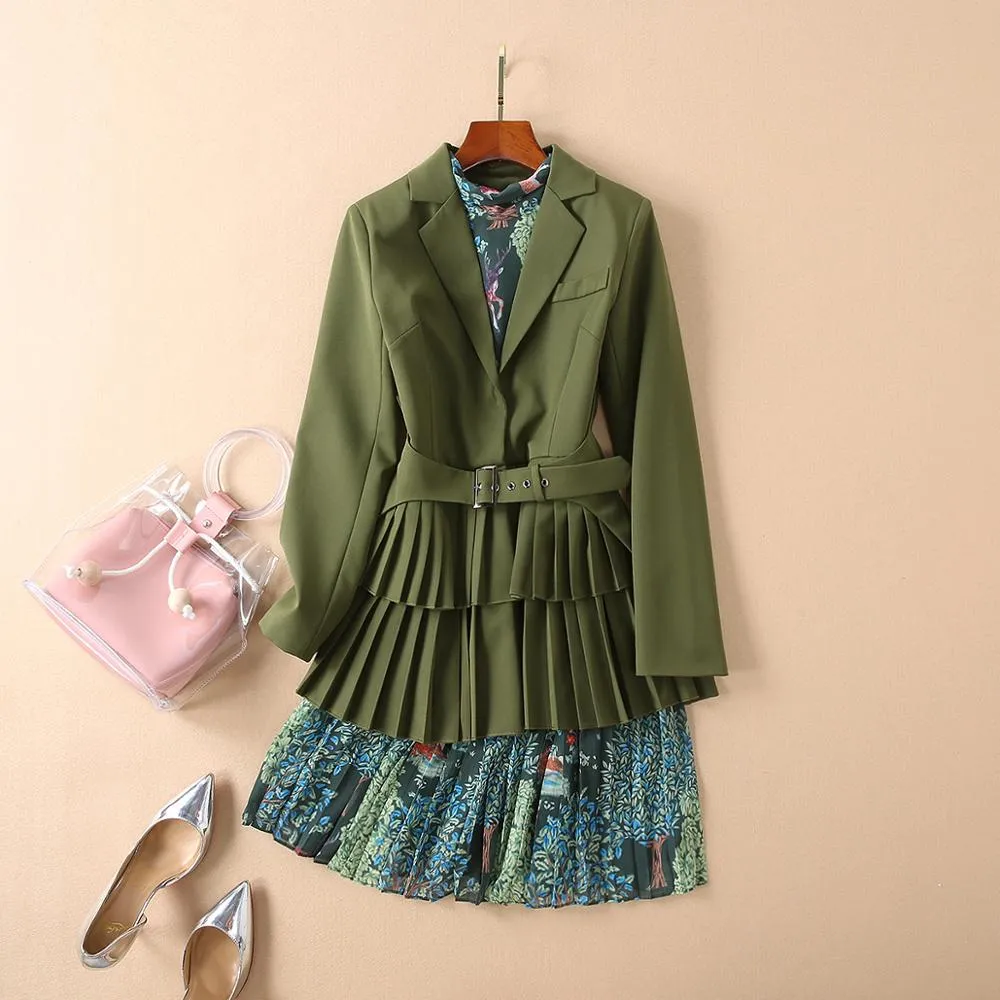 Yeni Tasarımcı Pist Stil Artı Boyutu Elbise Suits Yeşil Blazer Çiçek Baskı Elbise Yüksek Sokak İnce İki Adet Setleri