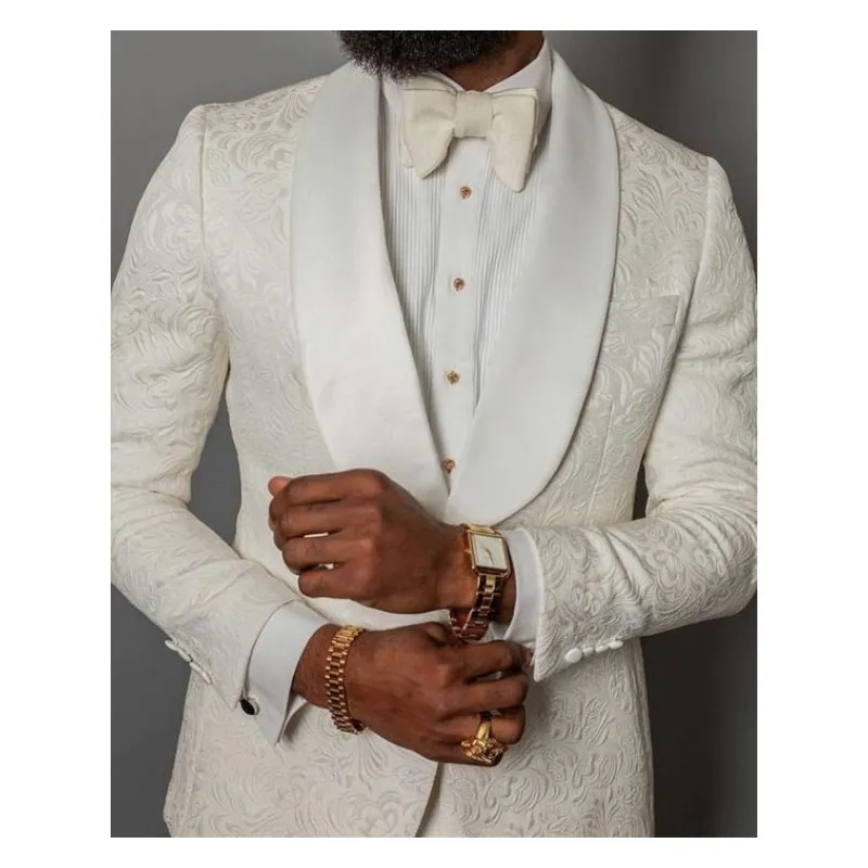 Ivoire formel mariage hommes costumes 2019 trois pièces revers cranté sur mesure affaires marié mariage smokings (veste + pantalon + nœud)