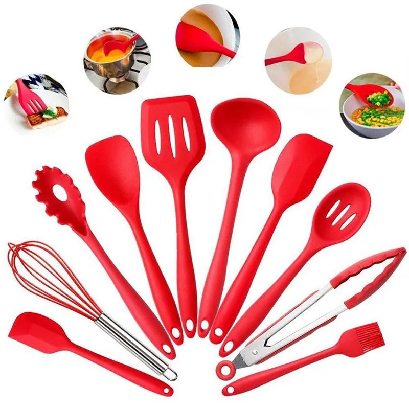 Set Pan Spatula Kaşık Pota Turner Yumurta Çırpıcı Spagetti Sunucu Yarıklı Pişirme Araçları Pişirme 10pcs / set Silikon Mutfak Gereçleri