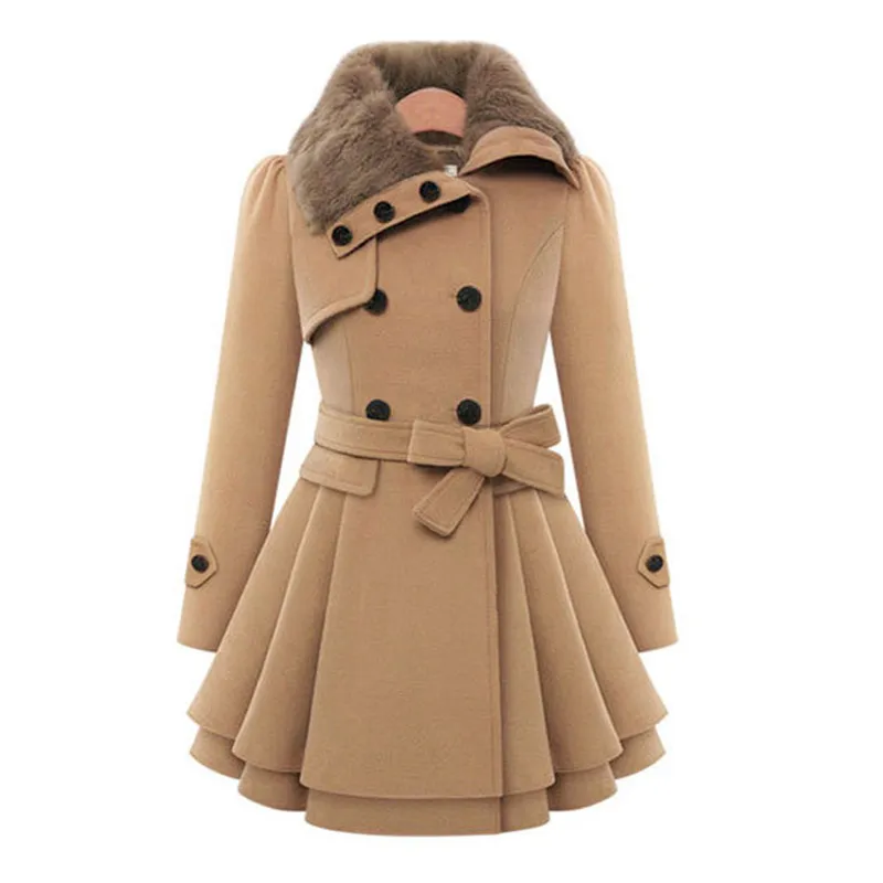 Autumn Winter Coat Women Wool Blend Trench Turn Down Collar