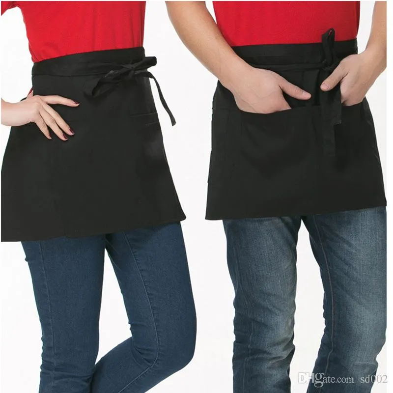 Half Short Tether Apron Polyester Fiber Pinafore Waitress Waiter Waist Cloth With Pocket Kitchen Cafe Pub Pure Color 5 1lgb1