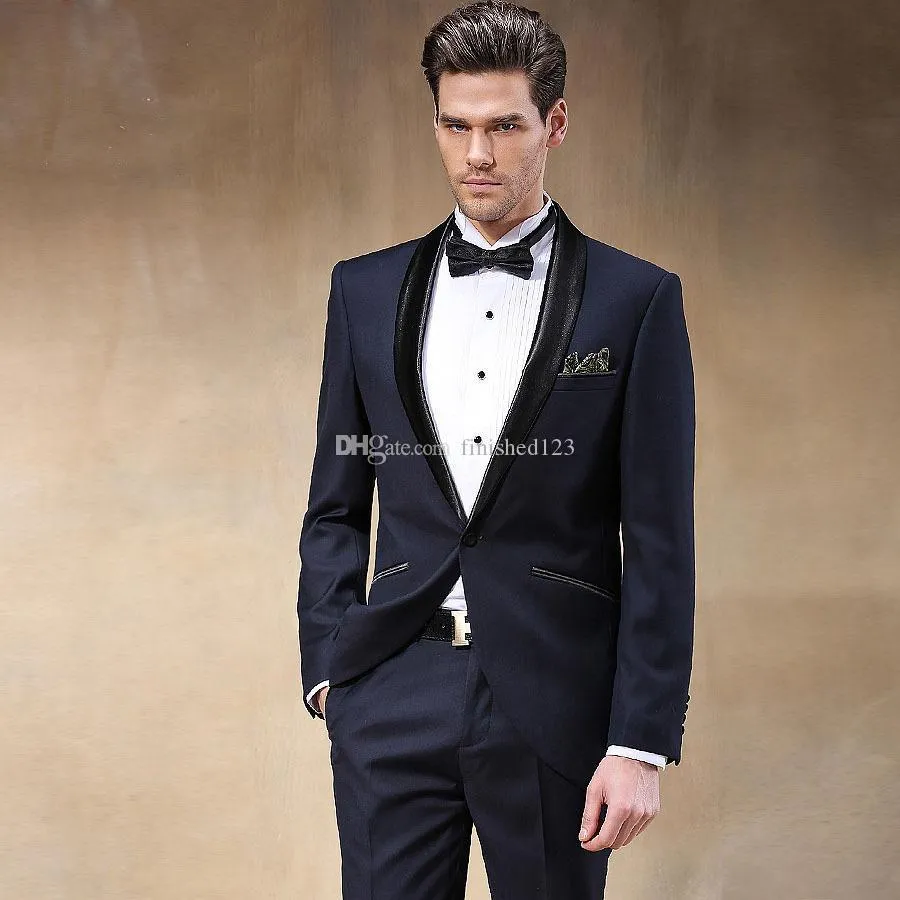 Senaste Design One Button Navy Blue Wedding Groom Tuxedos Sjal Lapel Groomsmen Mens Dinner Blazer Passar (Jacka + Byxor + Tie) No: 1667