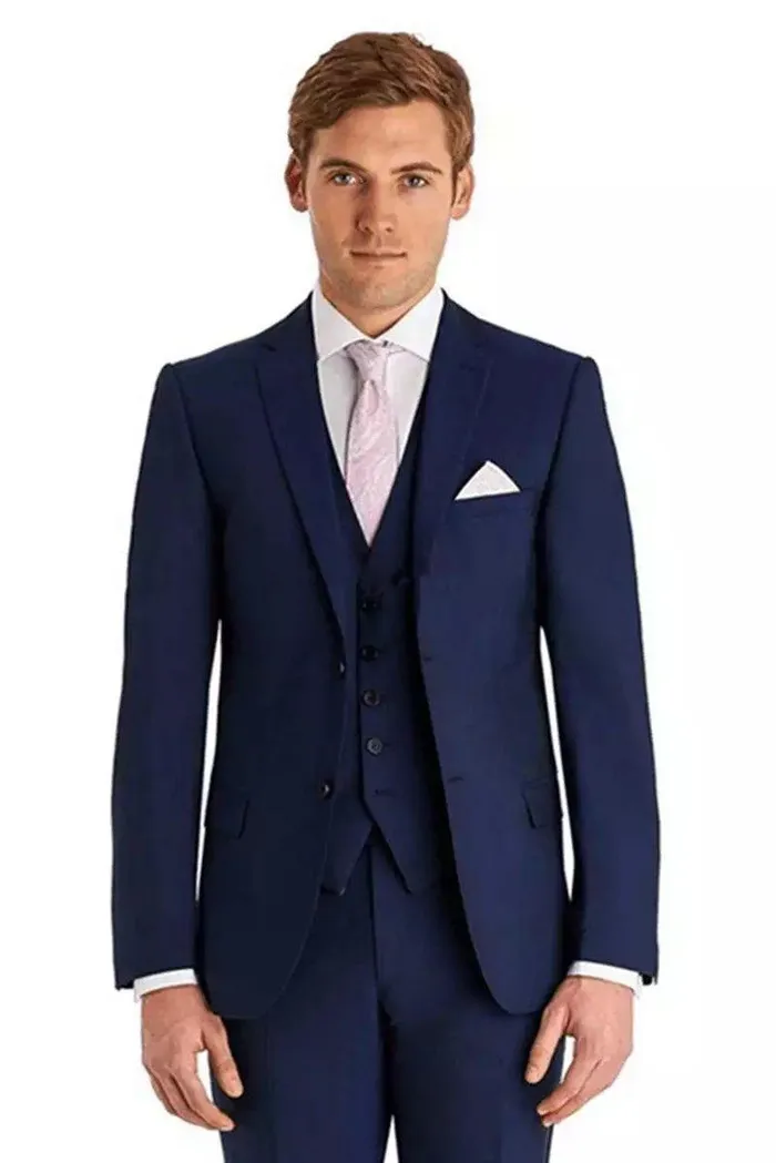 Nowy Groom Tuxedos Groomsmen Dwa Przycisk Niebieski Notch Lapel Najlepszy Mężczyzna Garnitur Wedding Men's Blazer Garnitury Custom Made (Kurtka + Spodnie + Kamizelka + Krawat) 1406
