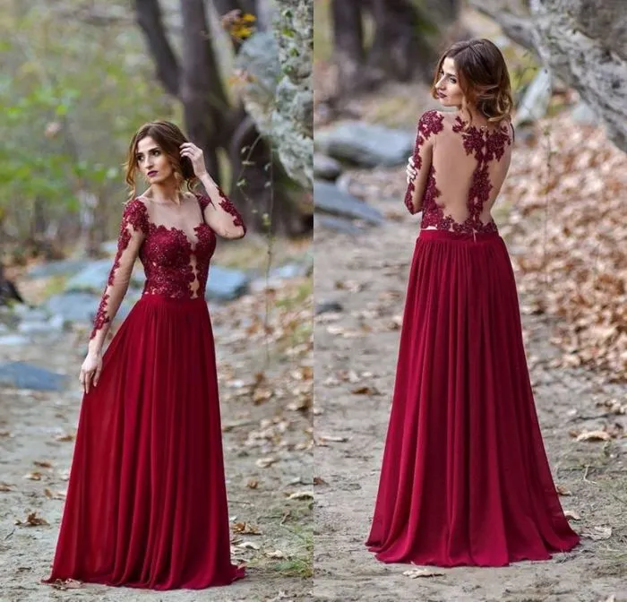 Estilo country Uma Linha de Jóias Borgonha Longos Vestidos de Baile Até O Chão Apliques de Renda Apliques de Manga Comprida Formal Vestidos de Noite