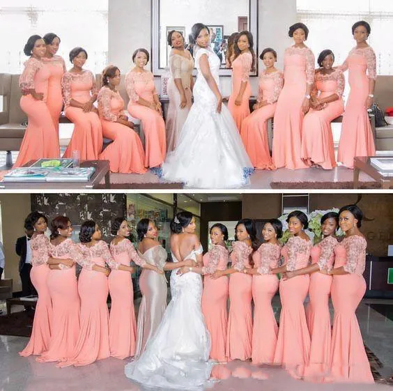 Nigerian African Bridesmaid Dresses Half Long Sleeves Lace Plus Size Special Occasion Evening Gowns Cheap Brautjungfernkleider