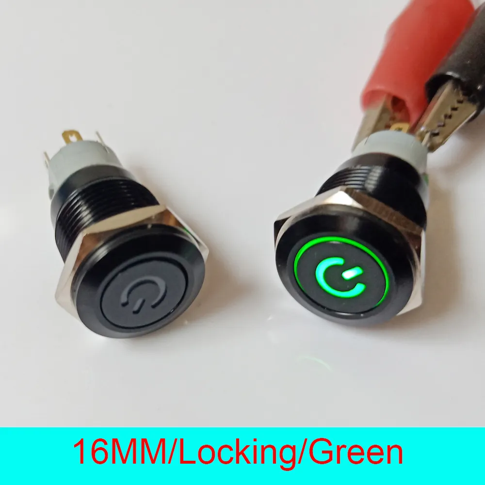 Freeshipping 50pcs 16mm IP67 Waterproof Self Locking Latching ON/OFF 12V LED Illuminated Black Power Metal Push Button Switch